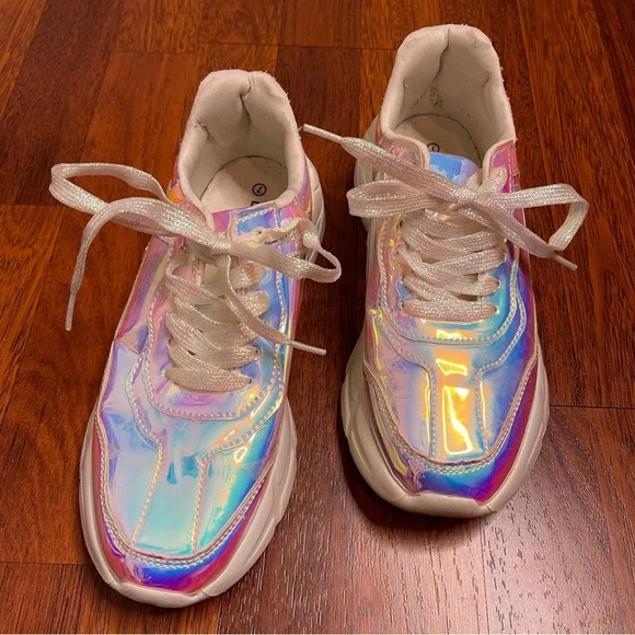 Unicorn Pastel Holographic Lace Up Sneakers Lucky Step Size 7 Platform Kicks EUC - Picture 11 of 13